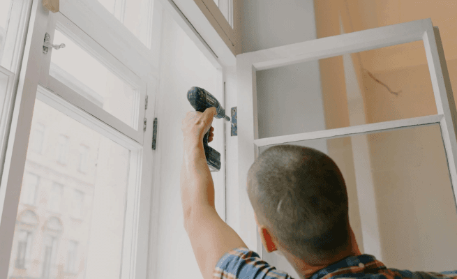 A man cleaning a window with a window cleaner, wearing a blue shirt and standing on a ladder.